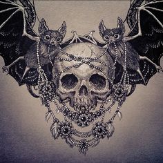 a drawing of a skull with bats on it's head and wings above the skull