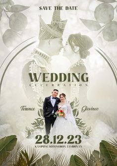 wedding celebration flyer with two people in front of palm trees and foliage, on a white background