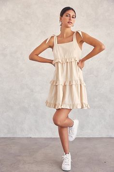 Tie strap tiered mini dress with square neckline. Square Necklines, Babydoll Dress, Baby Dolls, White Dress, Summer Dresses, Mini Dress, Dresses