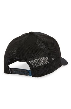 A bold brand patch stamps a classic trucker hat designed for versatile appeal. Adjustable snapback strap 63% polyester, 34% cotton, 3% polyurethane Spot clean Imported Black Adjustable Fit Curved Bill Hat, Black Hat With Adjustable Fit And Curved Bill, Black Curved Bill Hat With Adjustable Fit, Black Adjustable Curved Bill Hat, Sports Snapback Hat With Mesh Back And Flat Brim, Sports Mesh Back Flat Brim Baseball Cap, Flat Brim Snapback Hat With Mesh Back For Sports, Adjustable Fit Trucker Hat With Curved Bill For Streetwear, Adjustable Curved Bill Trucker Hat For Streetwear