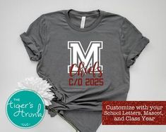 Personalized Spirit Apparel - Customized Short-Sleeved Class of 2025 Senior T-Shirt with School Letters, School Colors, and Team Mascot Kindergarten Milestones, Mascot Shirt, Class Of 2025, Senior Shirts, Team Mascots, Senior Night, School Pride, School Colors, Pride Shirts