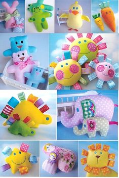 four pictures of stuffed animals in different colors