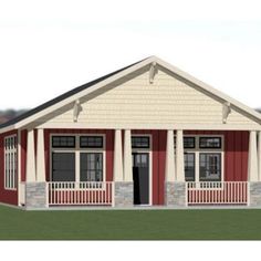 this is an artist's rendering of the front elevation of a small house with porches