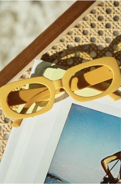 Yellow Frame Sunglasses, Glasses Inspo, Yellow Photography, Yellow Frame, Yellow Sunglasses, Spotify Covers, Stylish Glasses, Summer Sunglasses, Just Peachy