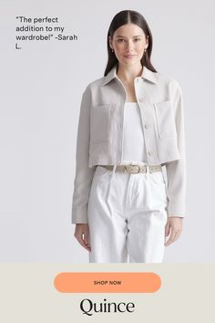 A flattering fit makes our Stretch Crepe Cropped Jacket an ideal topper whether you’re wearing a dress or looking to elevate a more casual jeans-and-a-tee ensemble. Made with recycled polyester with just the right amount of stretch it feels easy and effortless. Pairs perfectly with our Stretch Crepe Pleated Wide Leg Pant or Stretch Crepe Pleated Ankle Pant.  | Quince | Women's Stretch Crepe Cropped Jacket in Sand, Size XL, Recycled Polyester / Spandex Business Casual Jacket, Stretch Crepe, Wide Leg Pant, Collar Blouse, Cropped Jacket, Crepe Fabric, Cropped Cardigan, Ankle Pants, Crop Jacket