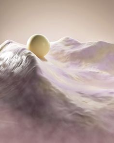 an egg is floating on top of a white mountain with purple and yellow clouds in the background