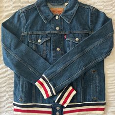 Brand New Without Tags, Never Worn !! Large But Runs Slightly Smaller Casual Spring Outerwear With Striped Cuffs, Casual Red Denim Outerwear, Winter Outerwear With Striped Cuffs, Levi's Casual Blue Outerwear, Casual Blue Levi's Outerwear, Levi's Spring Blue Outerwear, Levi's Blue Spring Outerwear, Levi Jean Jacket, Boy Rooms