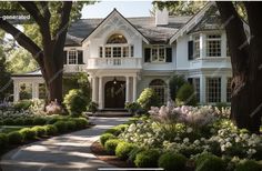 a large white house with lots of trees and bushes in front of the entrance to it