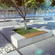 an artistic rendering of a park with benches and a tree in the center, surrounded by rocks