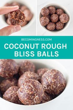 coconut rough bliss balls in a white bowl with text overlay that says coconut rough bliss balls