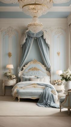 a fancy bedroom with blue walls and white bedding, chandelier and curtains