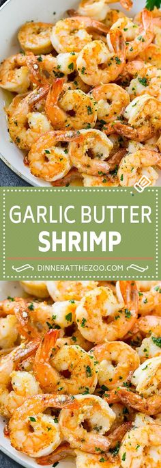 garlic butter shrimp with parsley on top in a white platter and the title overlay reads garlic butter shrimp