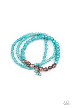 A collection of refreshing turquoise stone beads and faceted copper beads are threaded along stretchy bands around the wrist, creating earthy layers. Sold as one set of three bracelets. Paparazzi Accessories Jewelry, Blue Stone Bracelet, Brass Bracelet, Paparazzi Accessories, Copper Bracelet, Affordable Jewelry, Paparazzi Jewelry, Bracelet Collection, Beaded Stretch Bracelet