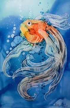 a painting of a goldfish in blue water