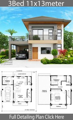 two story house plan with 3 beds and 1 5 meters from the ground level, it has