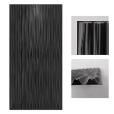 black and white photograph of an abstract wallpaper with wavy lines in the center, along with two different images