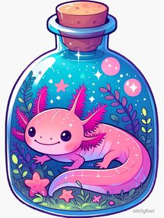 a pink geckoe in a glass jar with stars and plants on it's sides