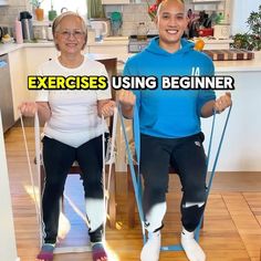 an older man and woman doing exercises on exercise equipment in the kitchen with text overlay that reads exercise using beginner