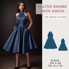 the halter neck dress sewing pattern is available in sizes xs - 2xl