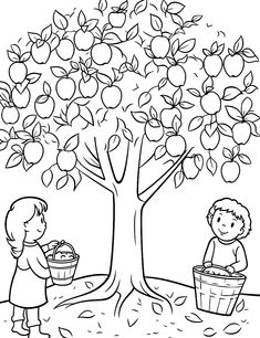 an apple tree with two children picking apples from the basket and another child standing next to it