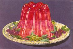 a painting of a red cake on a plate