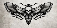 a black and white drawing of a skull with wings on it's back side