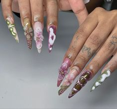 Maximalist Acrylic Nails, Fairy Themed Nails, Beach Nail, Summer Sets, Mob Wife, Unique Acrylic Nails, Colour Combo, Bling Acrylic Nails