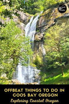 a waterfall surrounded by trees with the words, offbeat things to do in coos bay oregon exploring coastal oregon