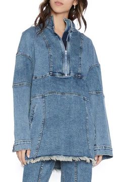 A beloved popover style gets a denim makeover in a fringe-finished jean jacket you'll reach for on repeat. Stand collar 95% cotton, 4% polyester, 1% spandex Machine wash, tumble dry Imported Washed Denim Top For Fall, Fall Season Washed Denim Top, Denim Blue Washed Top For Fall, Dark Wash Cotton Denim Top For Fall, Light Indigo Long Sleeve Denim Top For Fall, Medium Wash Denim Top With Frayed Hem For Fall, Fall Denim Top With Frayed Hem In Medium Wash, Fall Medium Wash Denim Top With Frayed Hem, Oversized Denim Top With Frayed Hem