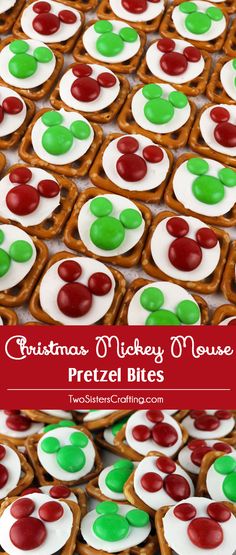 christmas mickey mouse pretzel bites are displayed on a table with red, green and white frosting