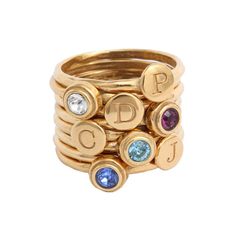 Stacking initial Rings and birthstone rings in gold are the perfect piece of birthstone jewelry for mom of four kids. Stacking Gold Rings, Mother's Rings, Gold Ring Stacking, Initial Rings, Stackable Birthstone Rings, September Birthstone Ring, Birthstone Stacking Rings, Stack Rings, Stackable Ring Sets