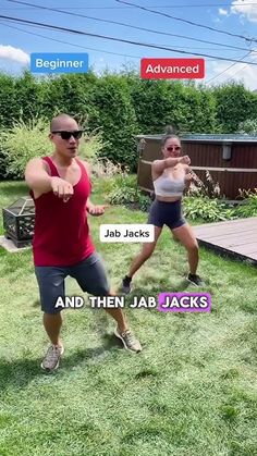 two people in shorts and tank tops are dancing on the grass with words above them that read, beginner advanced jab jack and then jabjacks