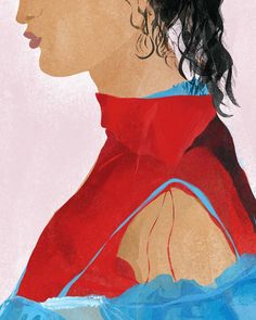 a painting of a woman wearing a red shirt and blue dress with her hair in the wind