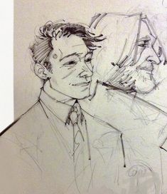 a drawing of a man in a suit and tie next to another man with his hand on his face