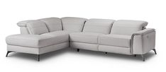 a white leather sectional sofa with two recliners on the back and one arm facing forward