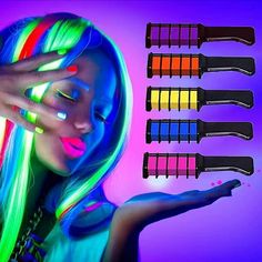 Vibrant Glow in the Black Light: Stand out under Ultra Violet (UV) and black lights, this hair chalk comb is eye-catching and charming. Note: It does not glow in the dark directly. Black Light Hair, Hair Dye For Kids, Washable Hair Color, Black Lights, Hair Chalk, Light Stand, Light Hair, Hair Art, Hair Dye