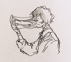 a black and white drawing of a man holding his head to his face with one hand