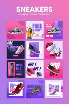 the sneakers instagram social media post is displayed on a purple and pink background