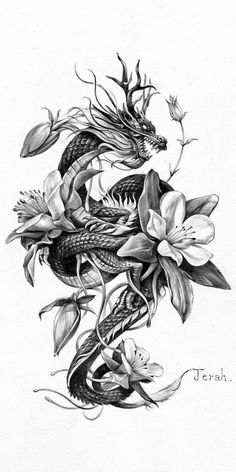 a drawing of a dragon and flowers