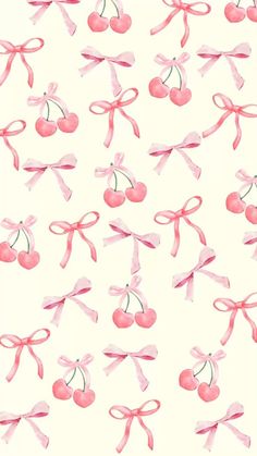 an image of cherries and ribbons on a white background for wallpaper or fabric