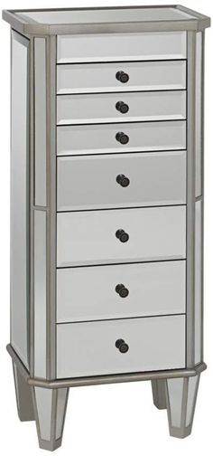 a white and silver dresser with drawers on it's sides, in front of a white background