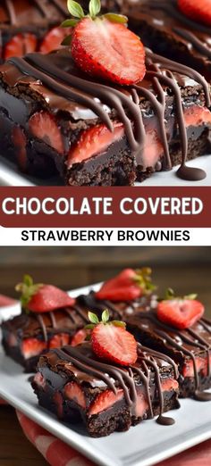 chocolate covered strawberry brownies on a plate with strawberries and chocolate drizzle