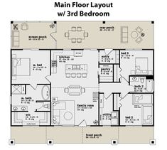 the main floor layout for a 3 bedroom apartment with an attached kitchen and living room