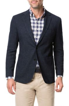 A stretchy blend of wool and cotton elevates a casually charming sport coat in a softly structured cut. 29 1/2" length (size Medium) Four-button cuffs Chest pocket; patch pockets; interior pockets Side vents Partially lined 78% wool, 19% cotton, 3% elastane Dry clean Imported Casual Semi-formal Blazer For Fall, Winter Cotton Sport Coat With Suit Collar, Casual Business Blazer With Notch Lapel, Casual Notch Lapel Blazer For Business, Tailored Casual Business Blazer, Casual Business Blazer With Hidden Button Closure, Casual Semi-formal Sport Coat With Single Button, Fitted Linen Sport Coat For Winter, Casual Tailored Blazer With Notch Lapel