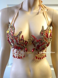 http://lamourleallure.storenvy.com/products/16430736-red-and-gold-flame-fire-samba-bra-dance-costume-rave-bra-rave-wear-halloween Red Mermaid Bra Top, Mermaid Bra Top Orange, Fire Burlesque Costume, Carnival Wire Bra Designs, Beaded Bra Outfit, Fire Inspired Outfits, Red Rave Outfit, Mermaid Bra Top, Burlesque Inspiration