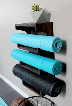 three yoga mats are hanging on the wall next to a potted succulent