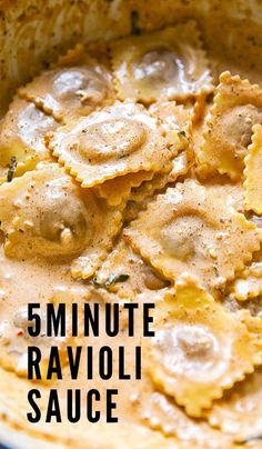 an image of ravioli sauce in a pan with the words 5 minute ravioli sauce