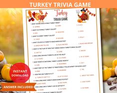 a turkey trivia game is shown with pumpkins and acorns around it