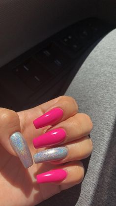 Nails Pink And Silver, Hot Pink And Silver Nails Acrylic, Silver Summer Nails, Pink And Silver Acrylic Nails, 2013 Nails, Neon Pink And Blue Nails, Silver Pink Nails, Nails Fucsia Hot Pink, Nails Fucsia