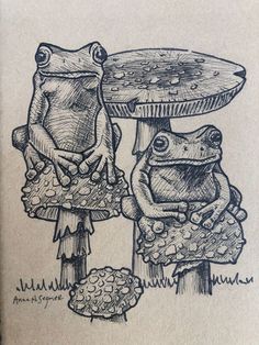 a drawing of two frogs sitting next to each other near a mushroom shaped table with a toad on it